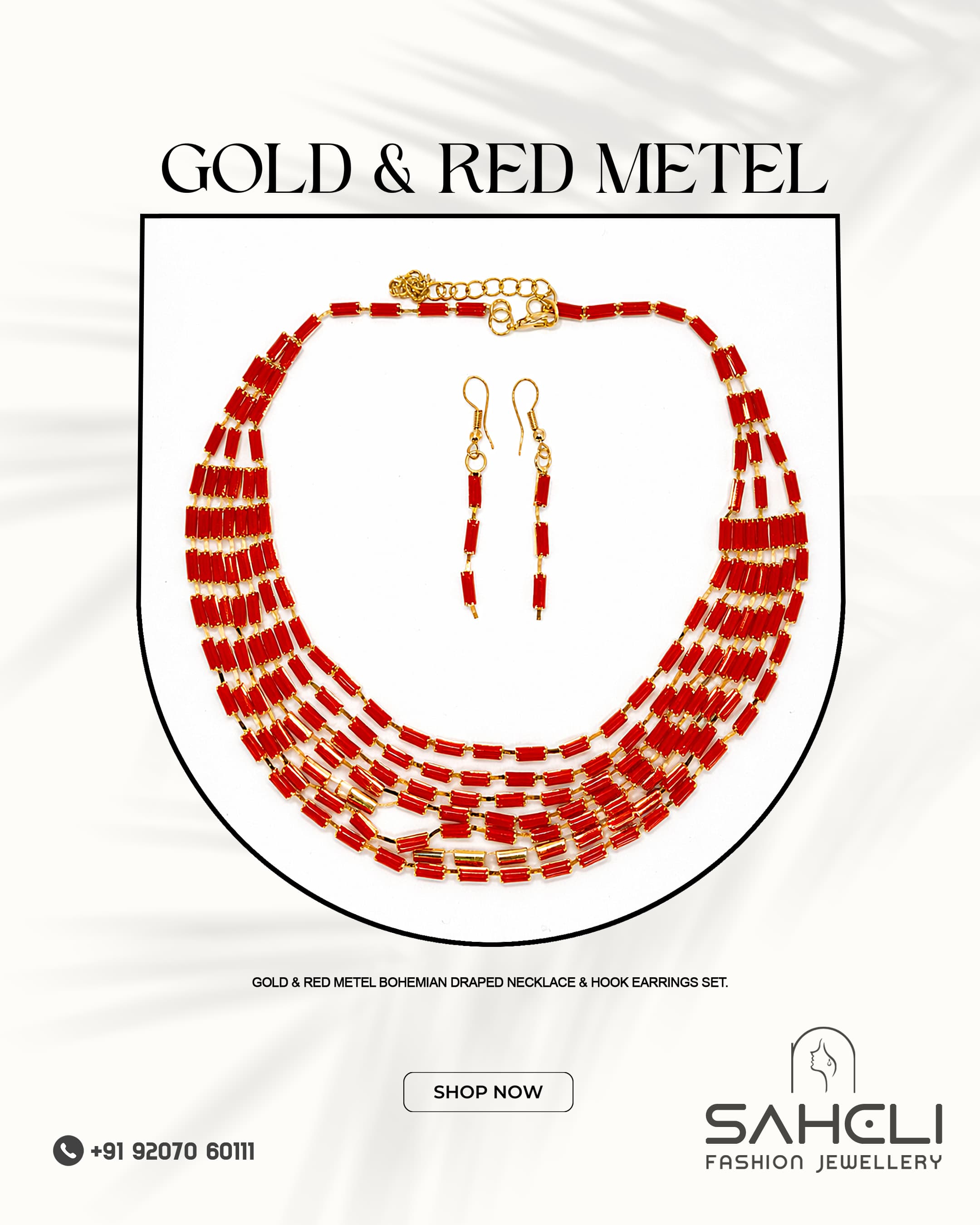 Gold & Red metel Bohemian Draped Necklace & hook earrings set.